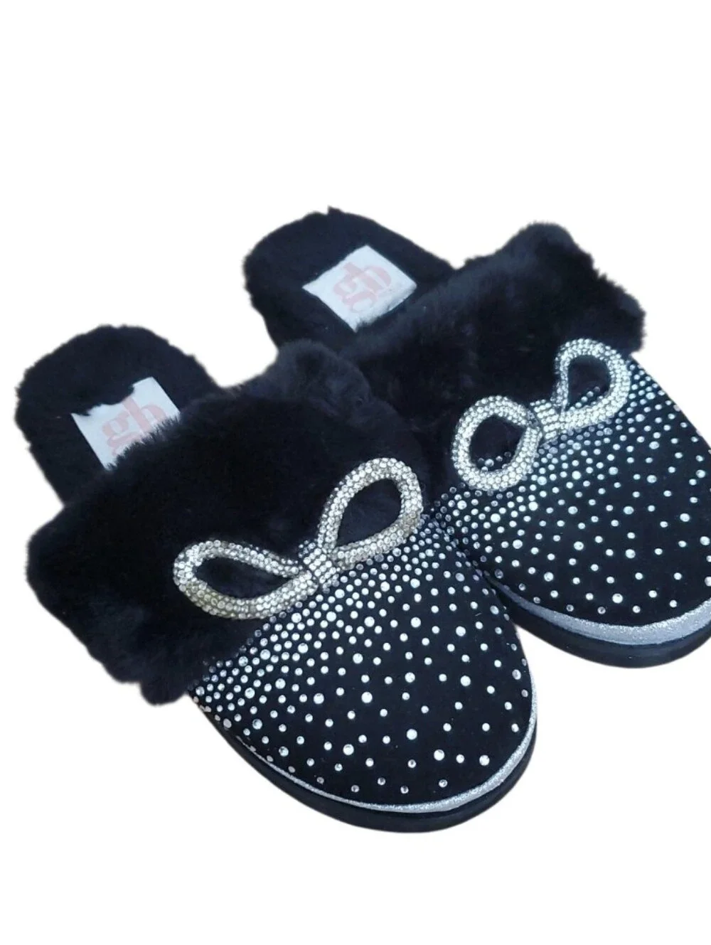 Gianni Bini ComfieeTwo Embellished Rhinestone Bow Faux Fur Slippers in black 12M